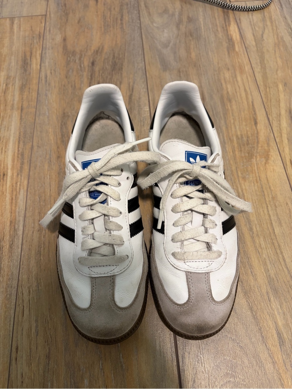 adidas Women’s Sambas White Sneakers with Black Stripes and Gray Suede Toe